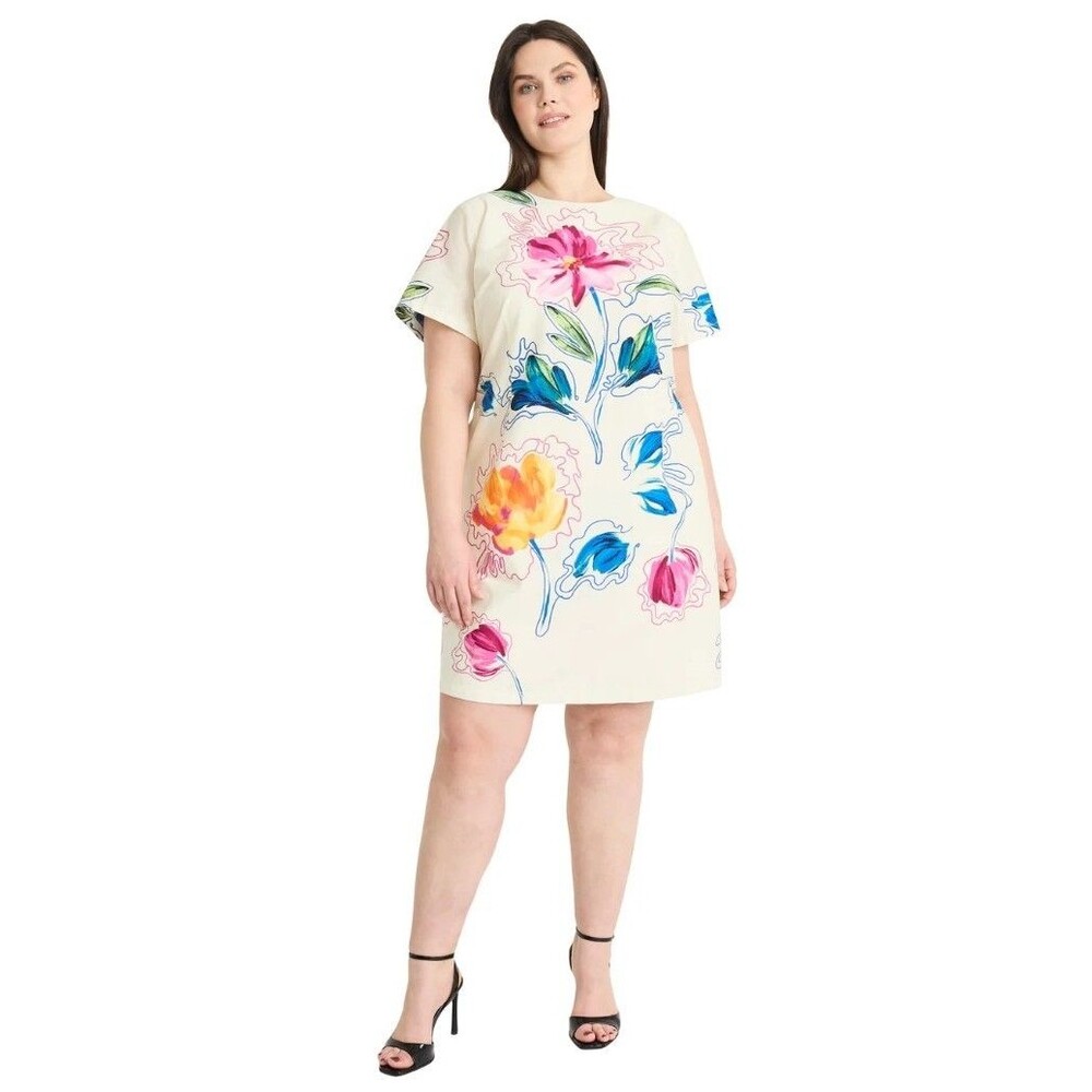 Maggy London Woman Floral Shift Honor Dress Ivory Pink Blue Cotton Blend Sz 14W